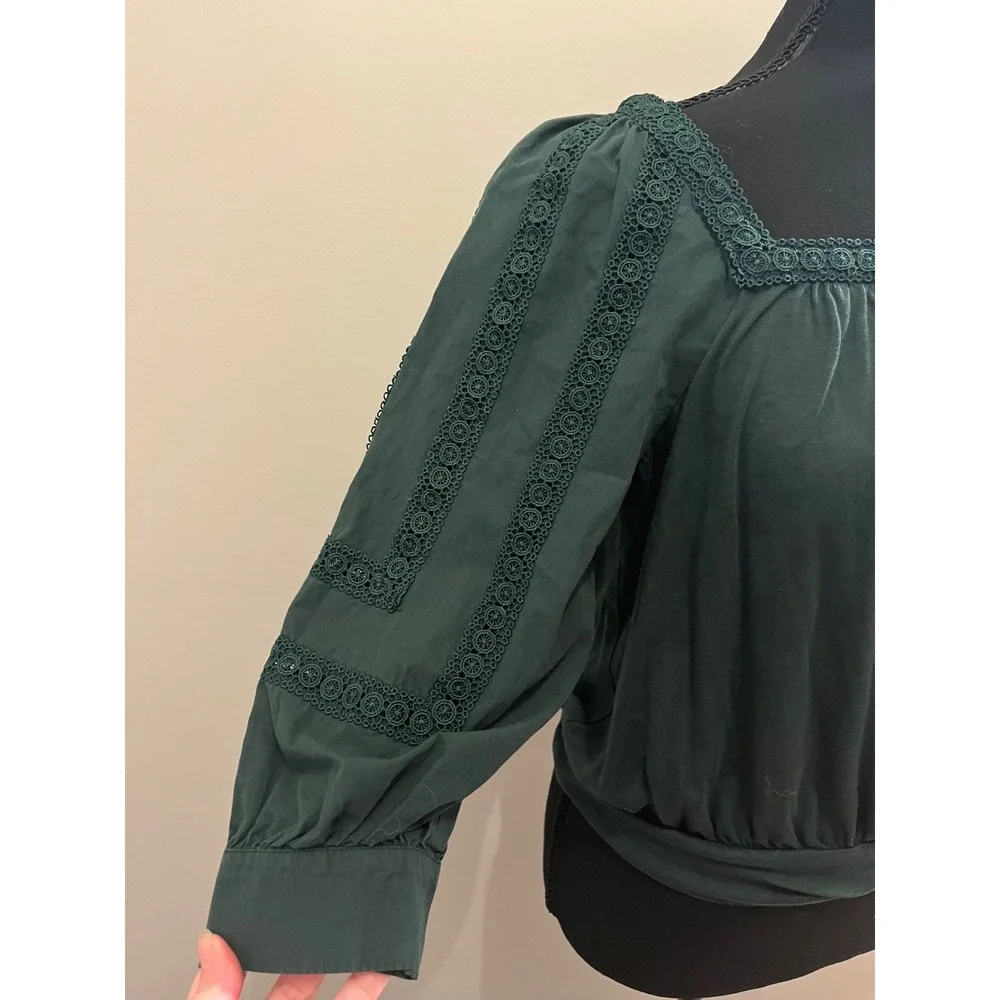 Anthropologie Chela Green Crochet Lace Trim Puff Sleeve Blouse Square Neck Top S